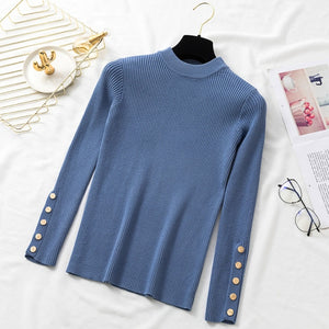 Autumn Women Long Sleeve Pure Slim Sweater Winter Knitted Turtleneck Casual Cashmere Pullover Metal Buttons Split Cuff Basic Top