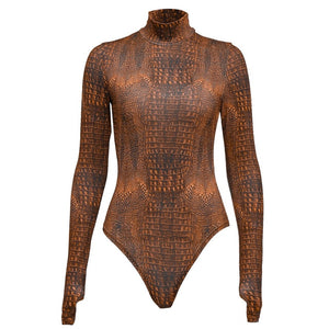 Chicology crocodile print women sexy bodysuit long sleeve turtleneck body suit 2019 autumn winter female party casual clothes