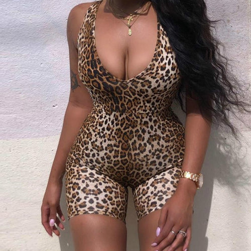 Sexy V-neck Sleeveless Women Playsuits Backless Slim Lady Bodycon Playsuit Tiger Leopard Printed Rompers Club Body Mujer GV230