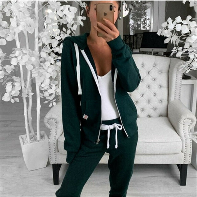 Hot Sell Well 2Pcs Women Tracksuits Long Sleeves Zipper Up Hooded Hoodies Sweatshirt Top Jogging Pants Outfit Set Casual New