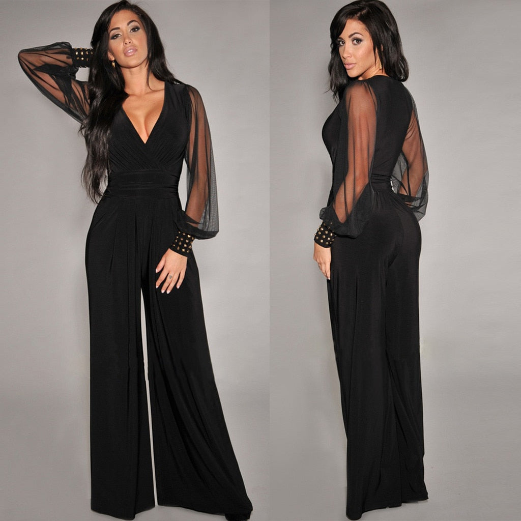 2019 jumpsuit women Sexy Perspective V-Neck Long Sleeve Mesh Sleeve Casual Wide Leg Jumpsuit romper зимний комбинезон#A20