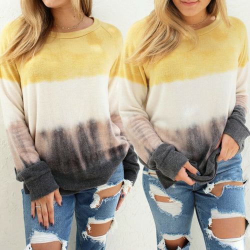 New Women Long Sleeve Gradient Stripe Print Multi-Colored Sweatshirt Casual Soft Oversize Jumper Pullover Winter Warm Loose